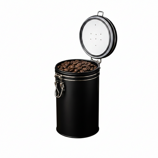 Airtight black coffee canister with CO2 one-way valve, designed to preserve freshness of coffee beans and grounds