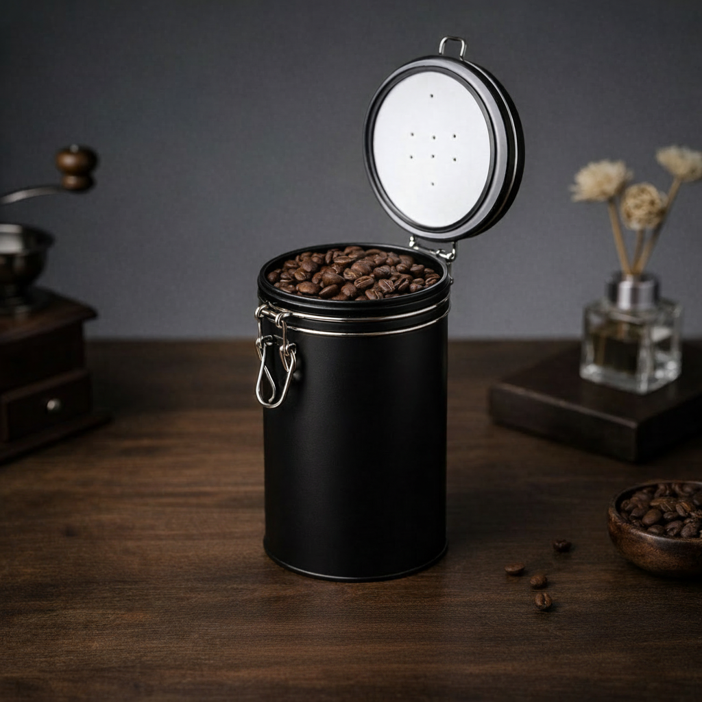 Black coffee canister with open lid on a wooden surface, filled with coffee beans.