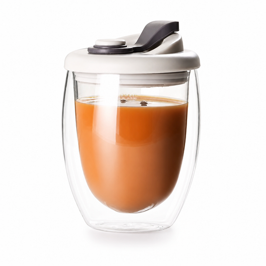 A double-walled clear glass travel mug filled with coffee, featuring a light gray lid with a gray flip-top spout, on a white background.